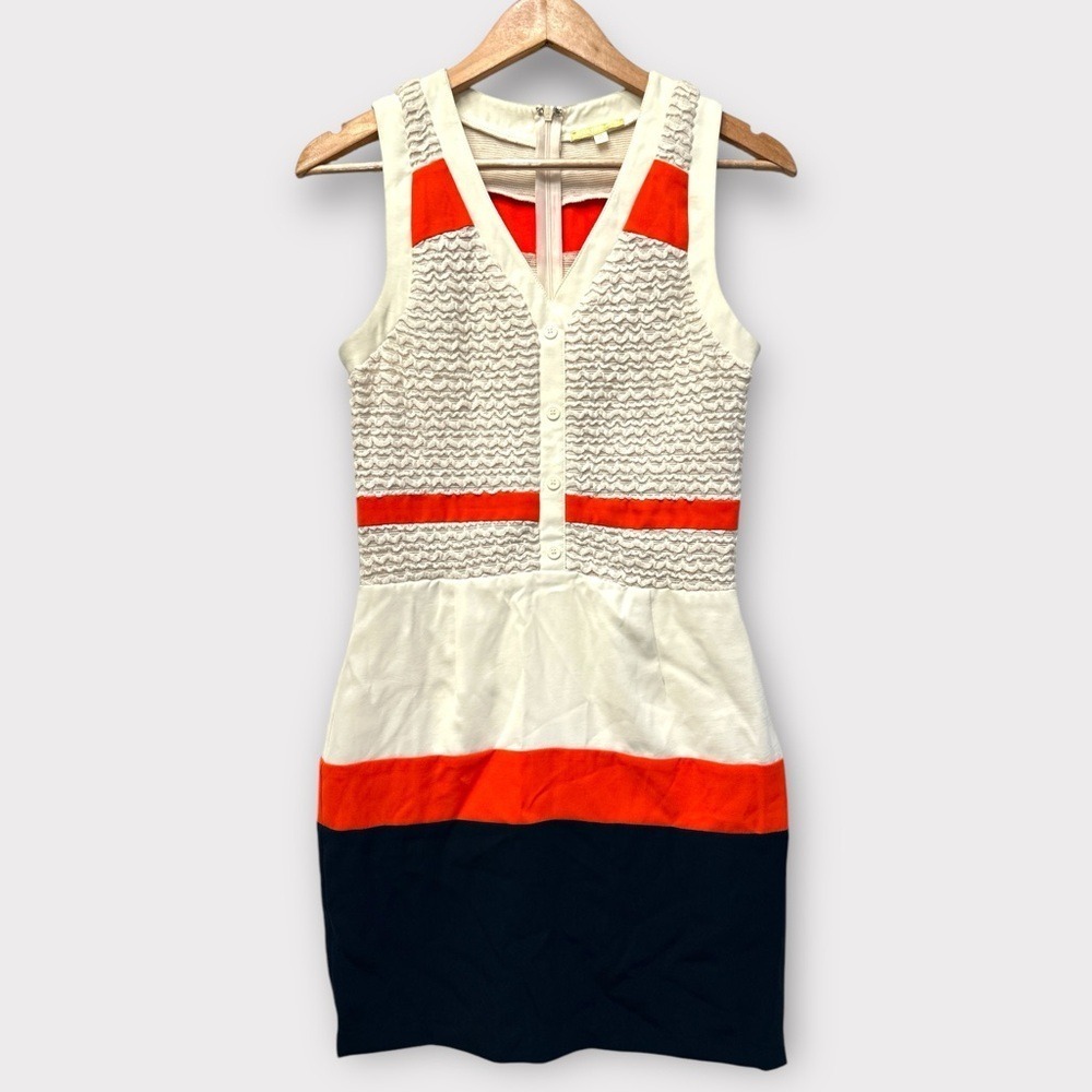 Gianni Bini Womens Colorblock Popcorn Knit Mini Dress Orange Navy Cream Size M - Picture 2 of 11